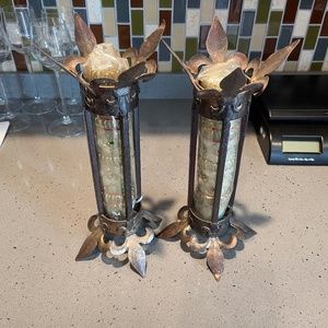 Rare pair of vintage metal candlestick holders and ornate candles